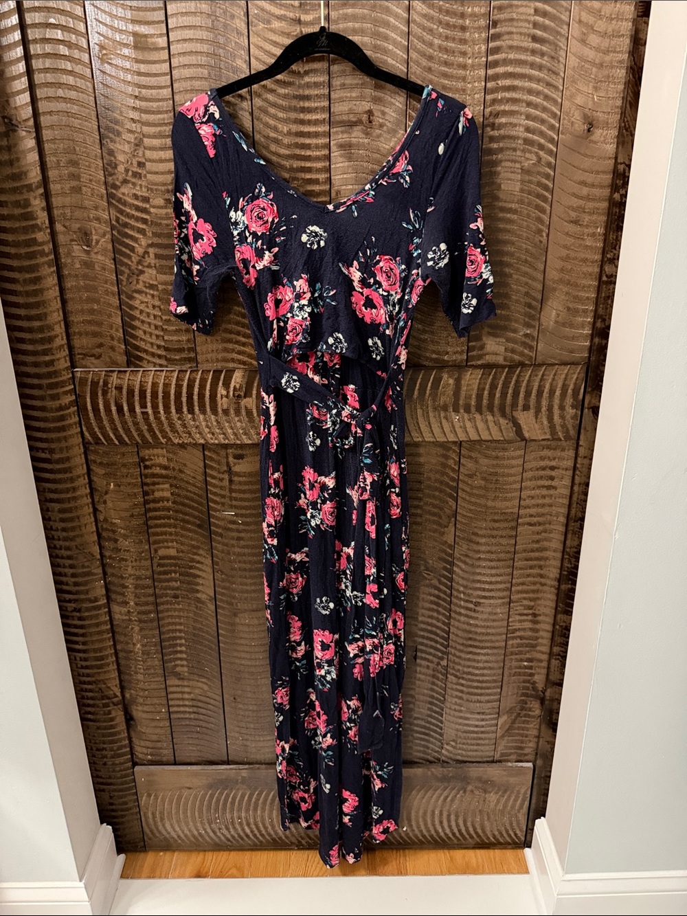 Latched Mama Navy Floral V-Neck Maxi Dress with Pink Roses